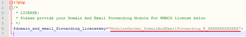 Domain And Email Forwarding For WHMCS: license.php file in a text editor with the license key entered in quotation marks