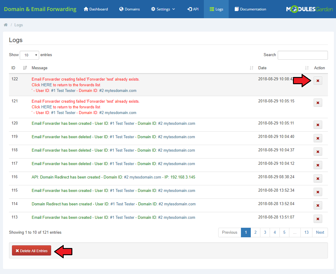 Domain And Email Forwarding For WHMCS: Logs page with log entries, single delete buttons and Delete All Entries button