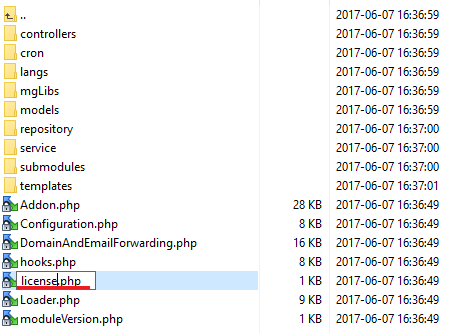 Domain And Email Forwarding For WHMCS: file list with the licenseRENAME.php file being renamed to license.php