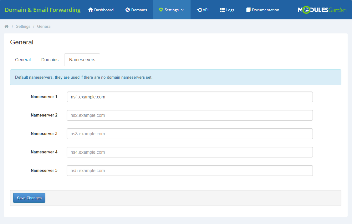 Domain And Email Forwarding For WHMCS: Settings General Nameservers tab with empty default nameserver fields