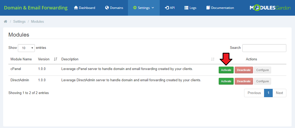 Domain And Email Forwarding For WHMCS: Settings Modules page listing cPanel and DirectAdmin with the cPanel Activate