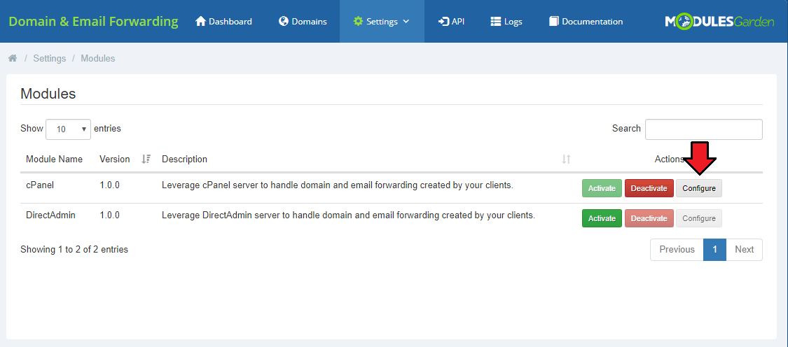 Domain And Email Forwarding For WHMCS: Settings Modules page with cPanel active and the Configure button highlighted