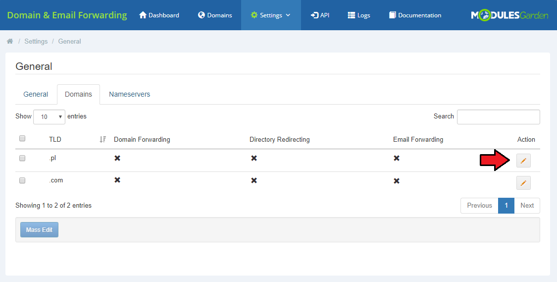 Domain And Email Forwarding For WHMCS: Settings General Domains tab with the Action pencil icon for the .pl TLD