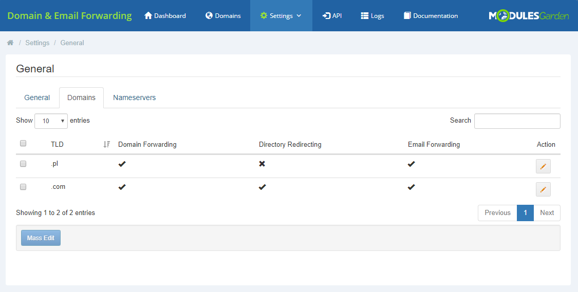 Domain And Email Forwarding For WHMCS: Settings General Domains tab with forwarding options enabled for the listed TLDs
