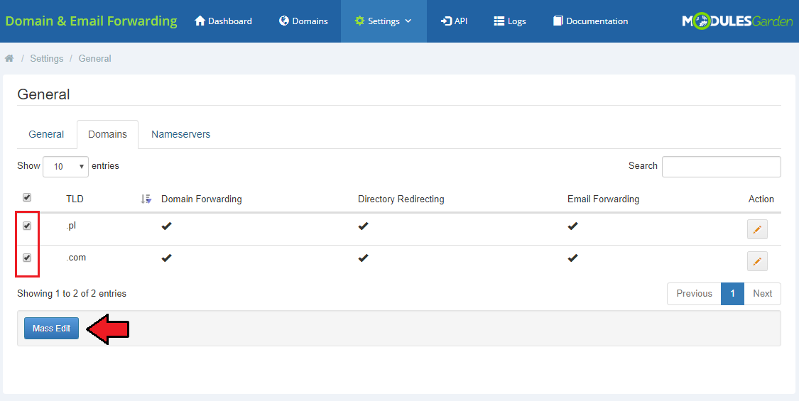Domain And Email Forwarding For WHMCS: Settings General Domains tab with all TLDs selected and the Mass Edit button