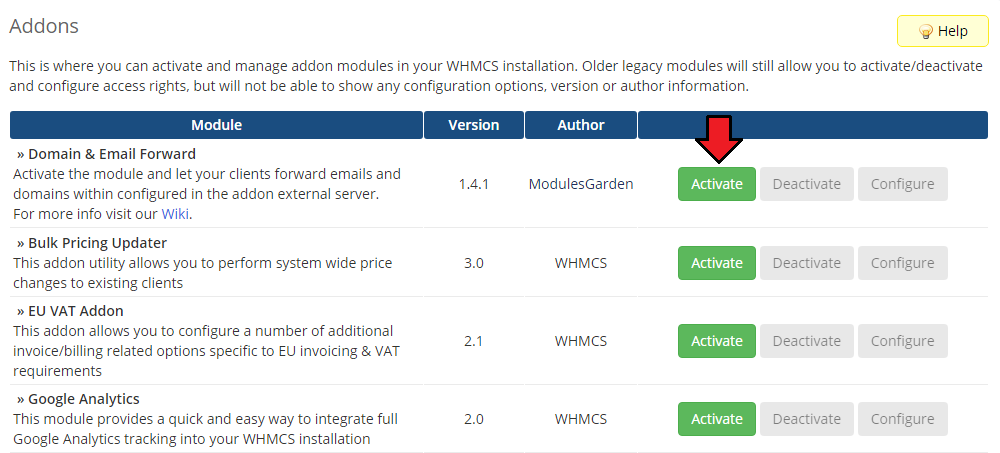 Domain And Email Forwarding For WHMCS: WHMCS Addon Modules list with the Activate button next to Domain & Email Forward