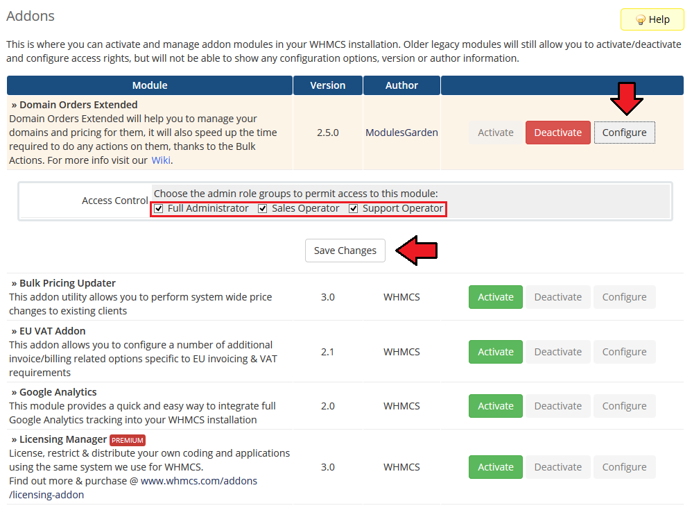 Domain Orders Extended 2.X For WHMCS: Addon Modules Configure with admin group access boxes and Save Changes