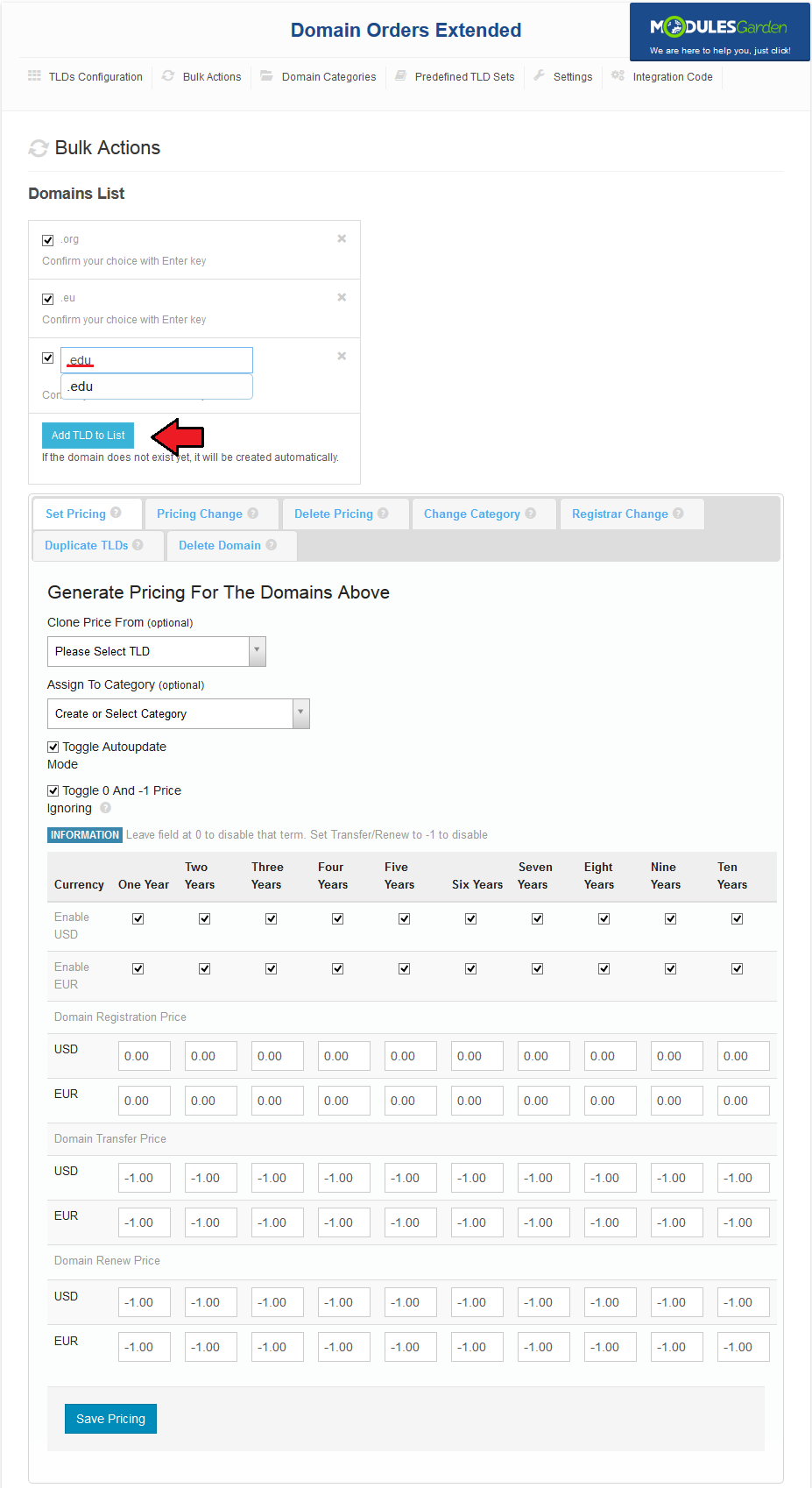 Domain Orders Extended 2.X For WHMCS: Bulk Actions tab adding .edu with the Add TLD to List button