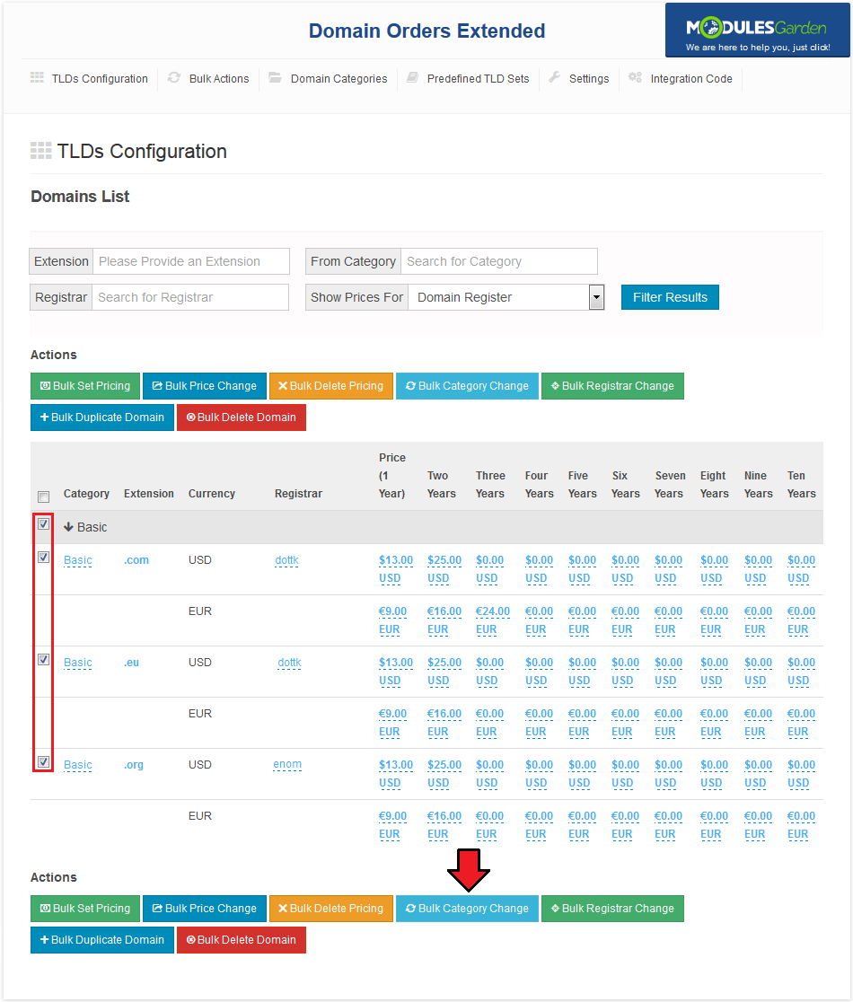 Domain Orders Extended 2.X For WHMCS: TLDs Configuration with .com, .eu, .org ticked and Bulk Category Change