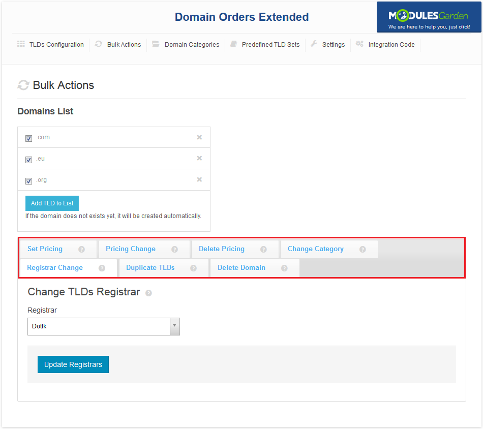 Domain Orders Extended 2.X For WHMCS: Bulk Actions tab with TLD list and the row of action tabs highlighted