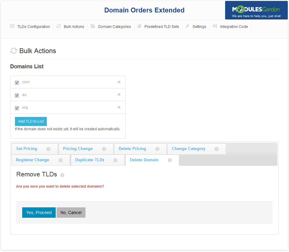 Domain Orders Extended 2.X For WHMCS: Bulk Actions Delete Domain tab with Yes, Proceed and No, Cancel buttons