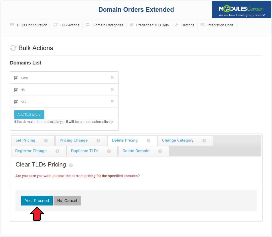 Domain Orders Extended 2.X For WHMCS: Bulk Actions Delete Pricing tab with Yes, Proceed and No, Cancel buttons