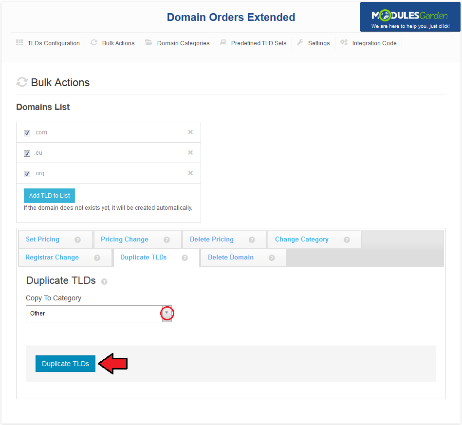 Domain Orders Extended 2.X For WHMCS: Bulk Actions Duplicate TLDs tab with Copy To Category and Duplicate TLDs button