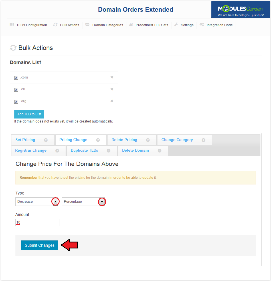 Domain Orders Extended 2.X For WHMCS: Bulk Actions Pricing Change tab with Decrease, Percentage, 10 and Submit Changes