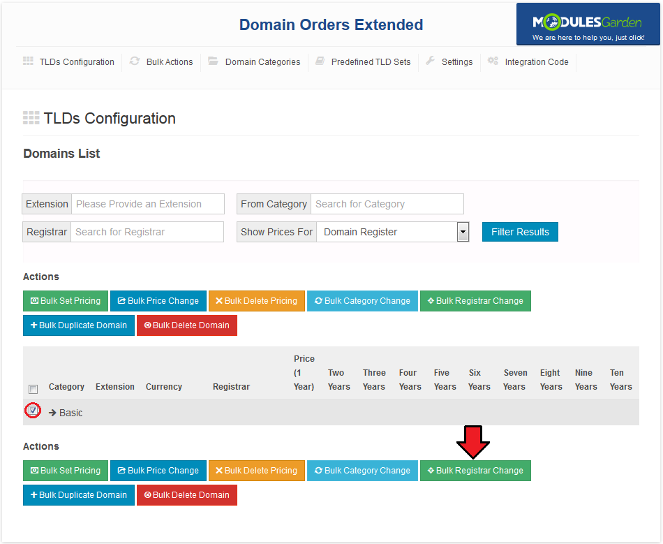Domain Orders Extended 2.X For WHMCS: TLDs Configuration with the Basic category ticked and Bulk Registrar Change