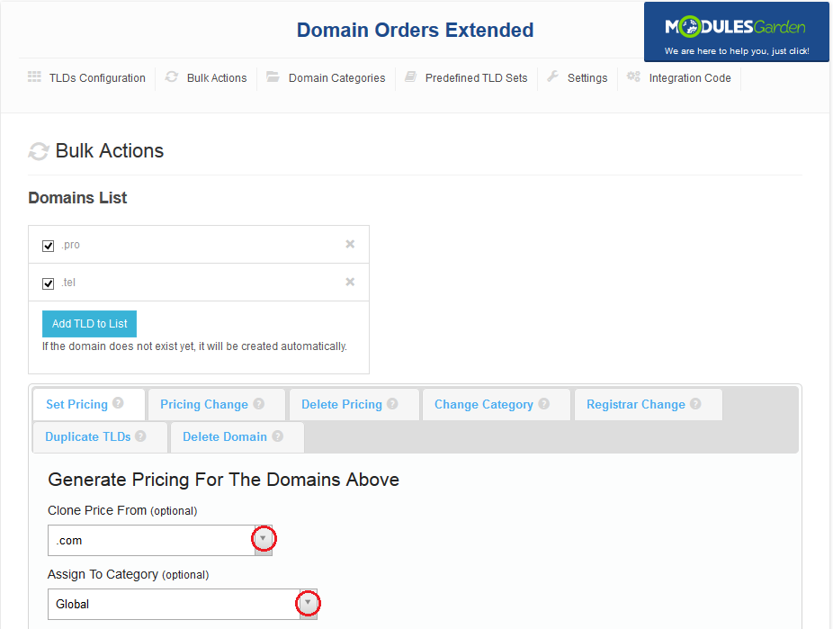 Domain Orders Extended 2.X For WHMCS: Bulk Actions Set Pricing for .pro and .tel with Clone Price From and category