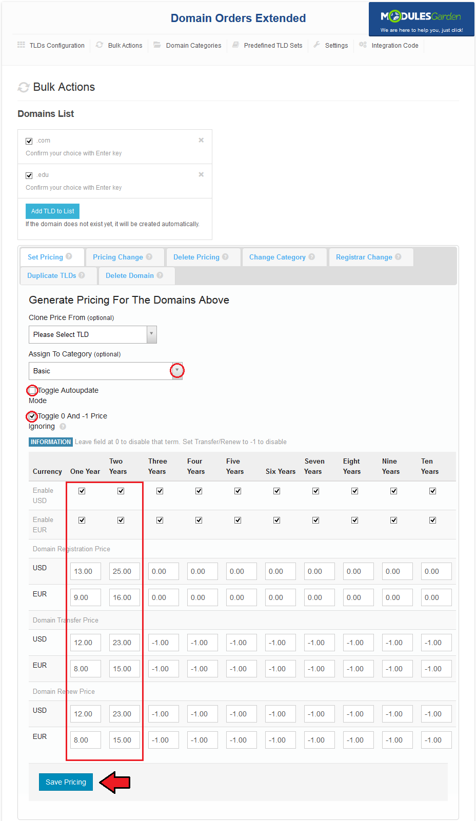 Domain Orders Extended 2.X For WHMCS: Bulk Actions Set Pricing form for .com and .edu with Save Pricing