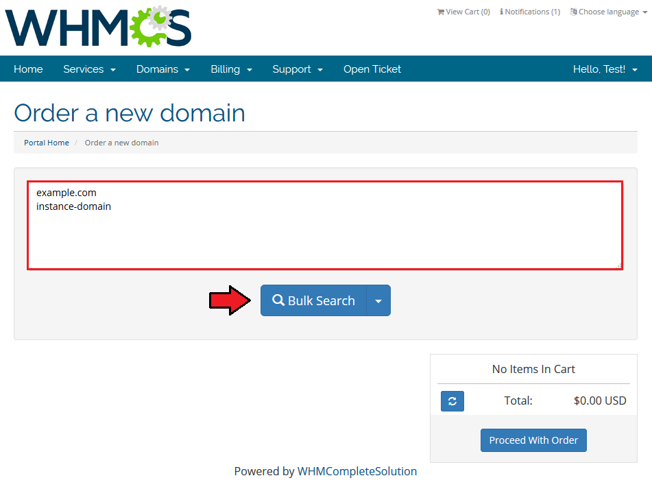 Domain Orders Extended 2.X For WHMCS: client area bulk search form with domain names listed one per line