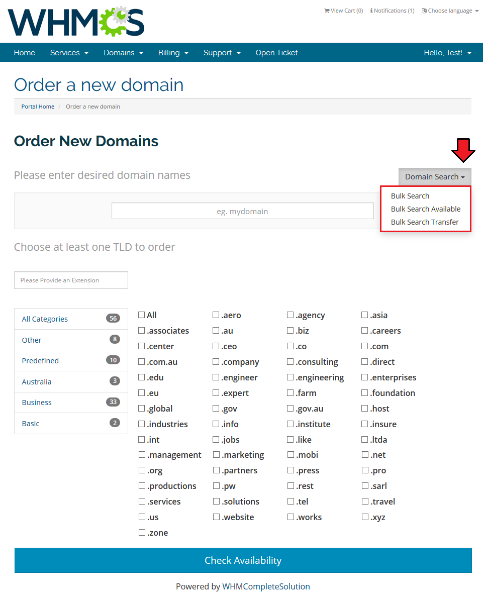 Domain Orders Extended 2.X For WHMCS: client area Domain Search menu with the Bulk Search options