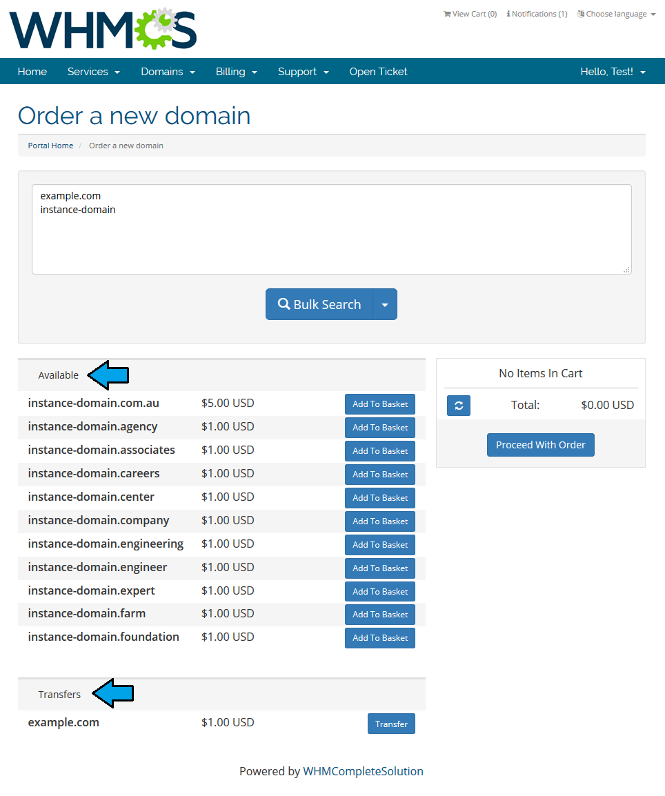 Domain Orders Extended 2.X For WHMCS: client area bulk search results with Available domains and Transfers sections