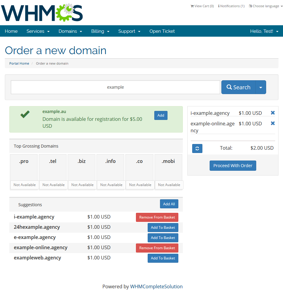 Domain Orders Extended 2.X For WHMCS: client area category search with an available domain, top TLDs and suggestions