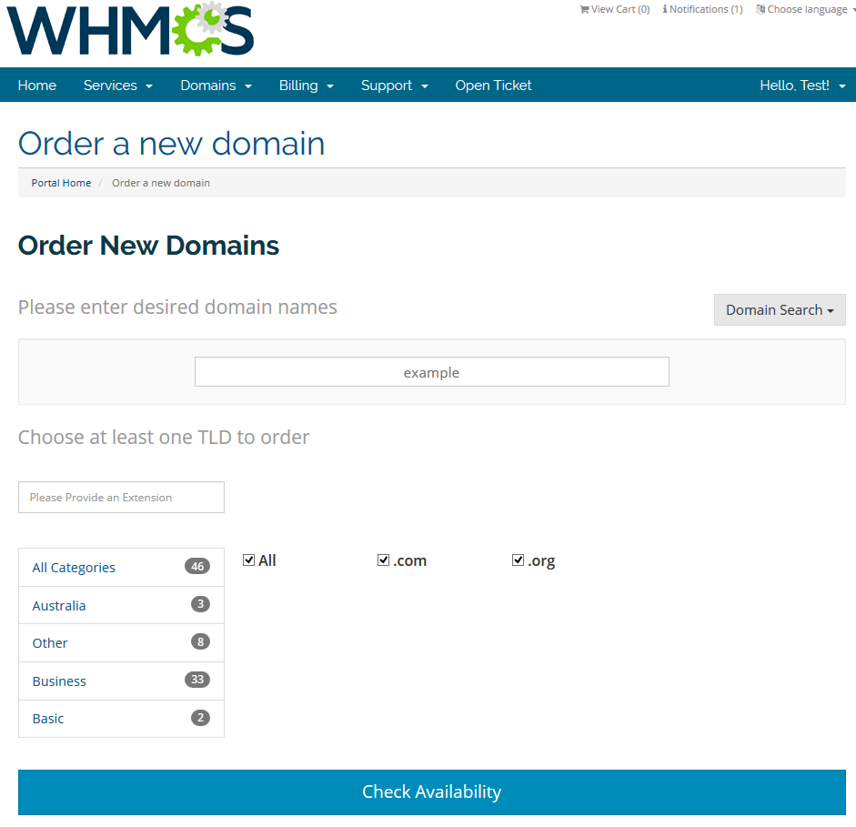 Domain Orders Extended 2.X For WHMCS: client area order form with the domain example and .com and .org TLDs