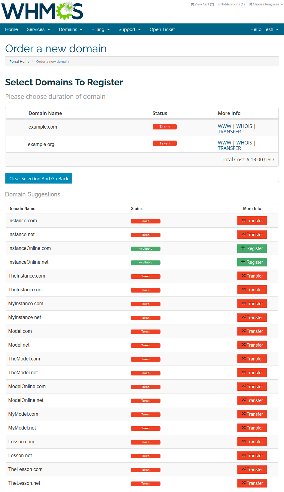 Domain Orders Extended 2.X For WHMCS: client area results with taken domains and a table of Domain Suggestions
