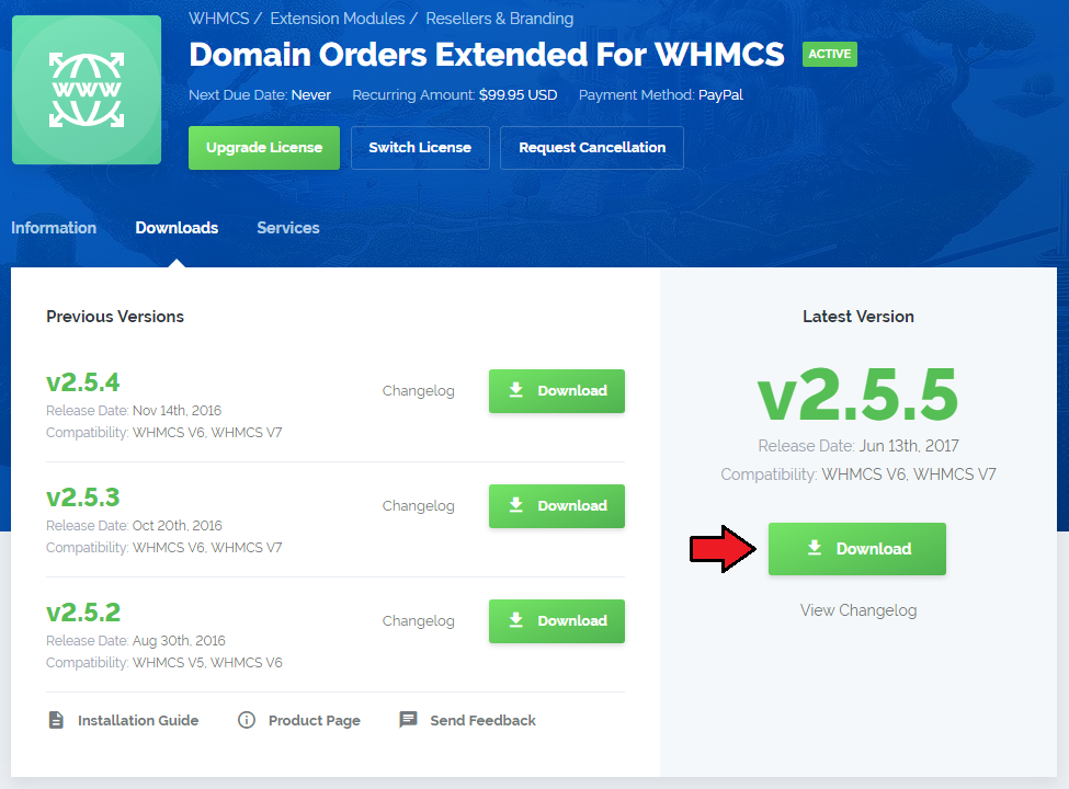 Domain Orders Extended 2.X For WHMCS: client area Downloads tab with the Download button for the latest version