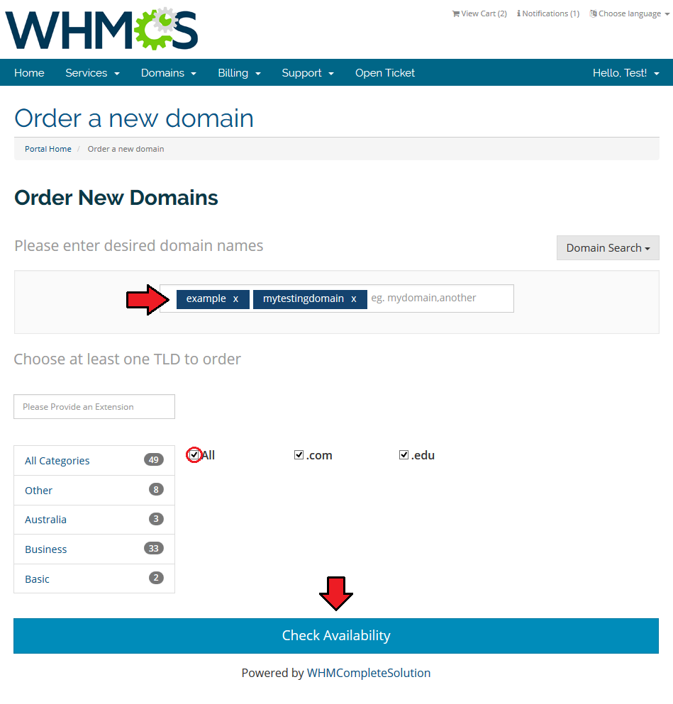 Domain Orders Extended 2.X For WHMCS: client area multiple domain search with two names and All TLDs checked