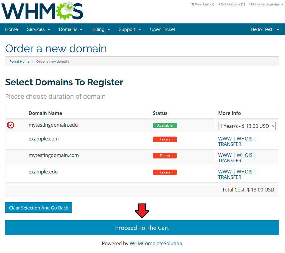 Domain Orders Extended 2.X For WHMCS: client area results with an available domain checked and Proceed To The Cart