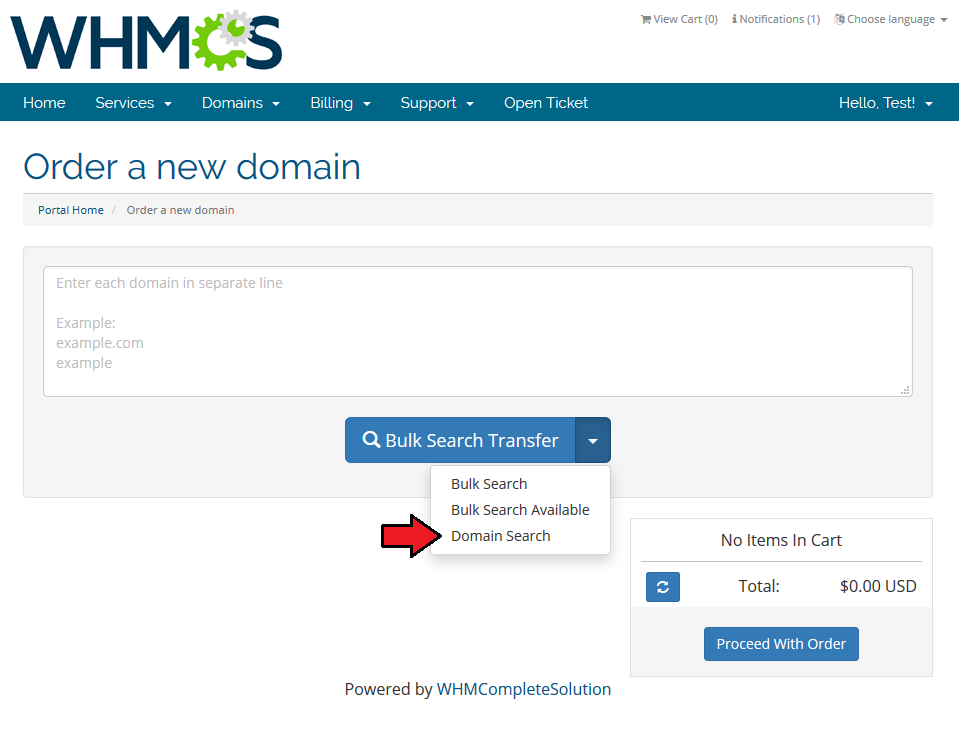 Domain Orders Extended 2.X For WHMCS: client area Bulk Search Transfer form with Domain Search in the dropdown