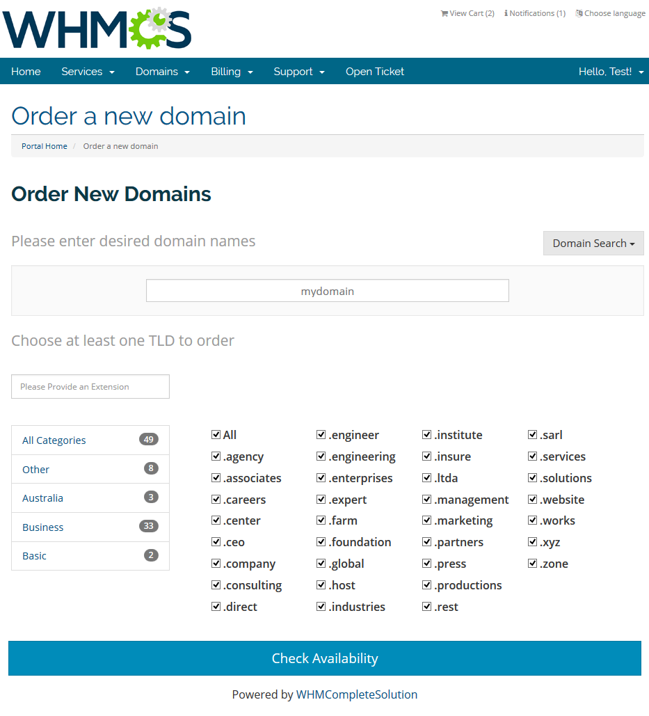 Domain Orders Extended 2.X For WHMCS: client area Order New Domains form with TLD categories and Check Availability