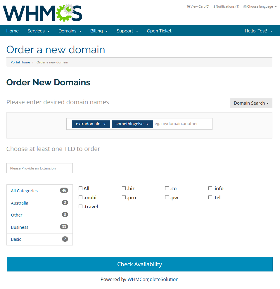 Domain Orders Extended 2.X For WHMCS: client area order form with two domain names and several TLDs for the spinner