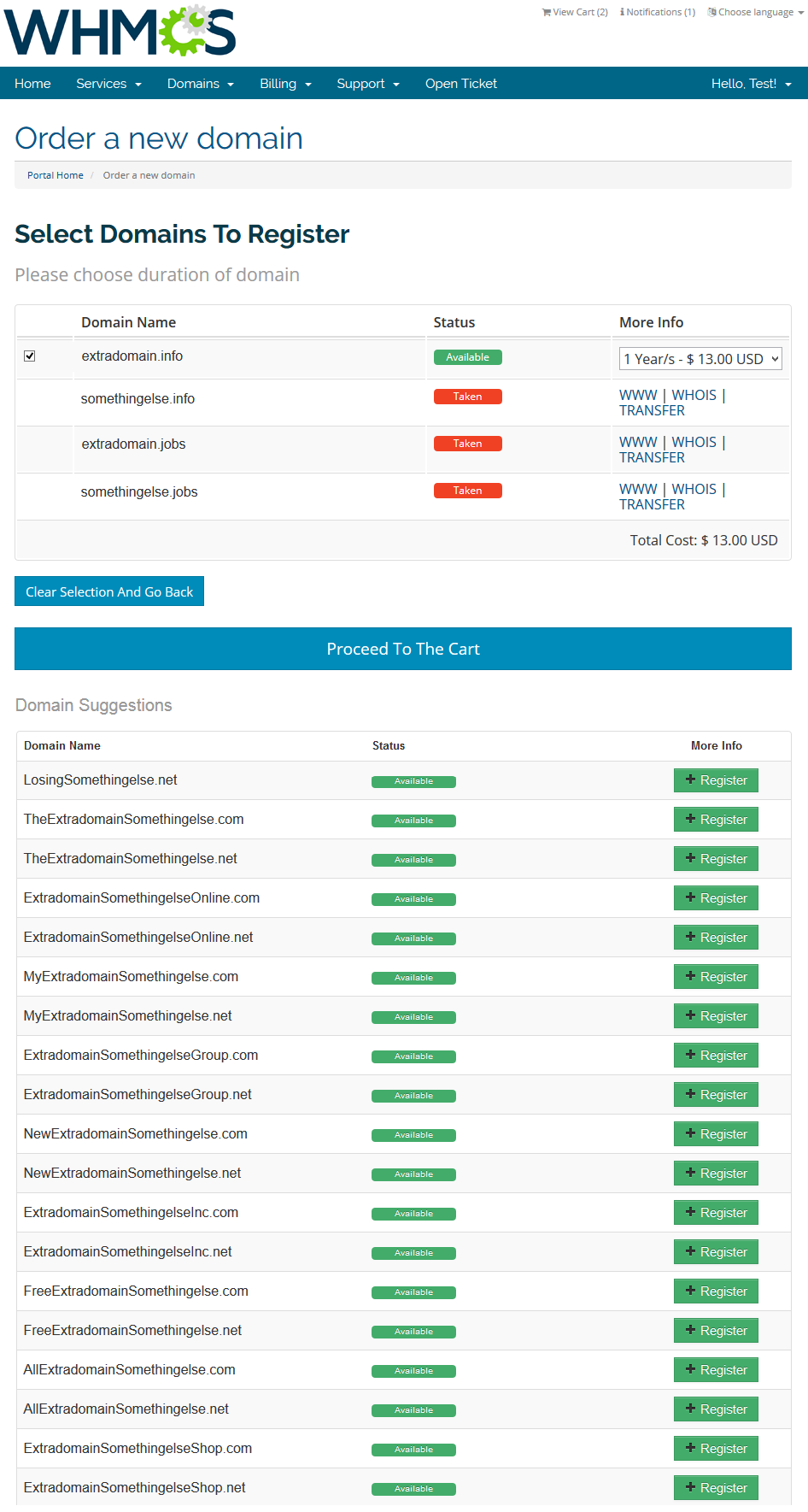 Domain Orders Extended 2.X For WHMCS: client area spinner results with only available domains in Domain Suggestions