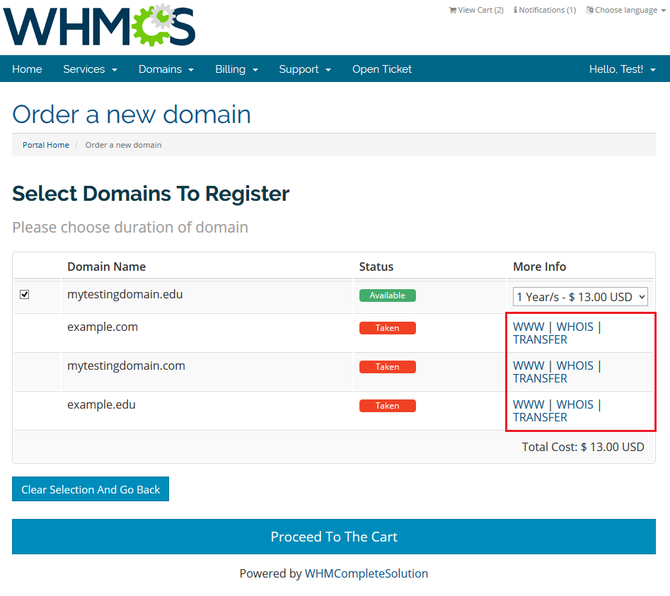 Domain Orders Extended 2.X For WHMCS: client area results with taken domains and their WWW, WHOIS and TRANSFER links