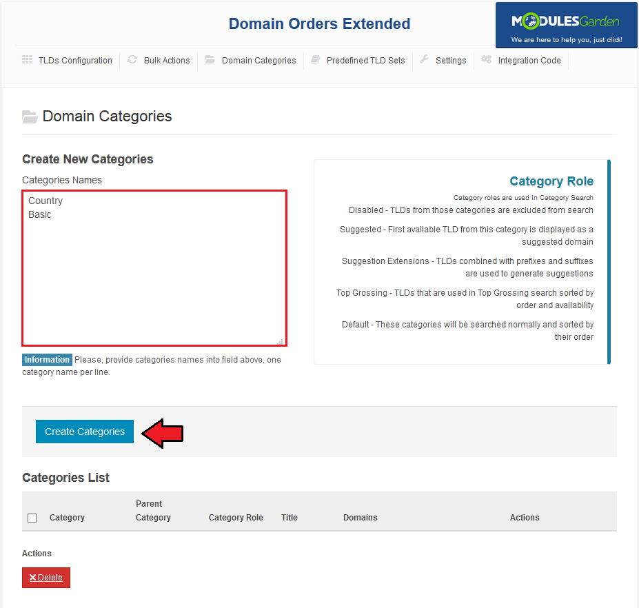 Domain Orders Extended 2.X For WHMCS: Domain Categories tab with category names entered and Create Categories