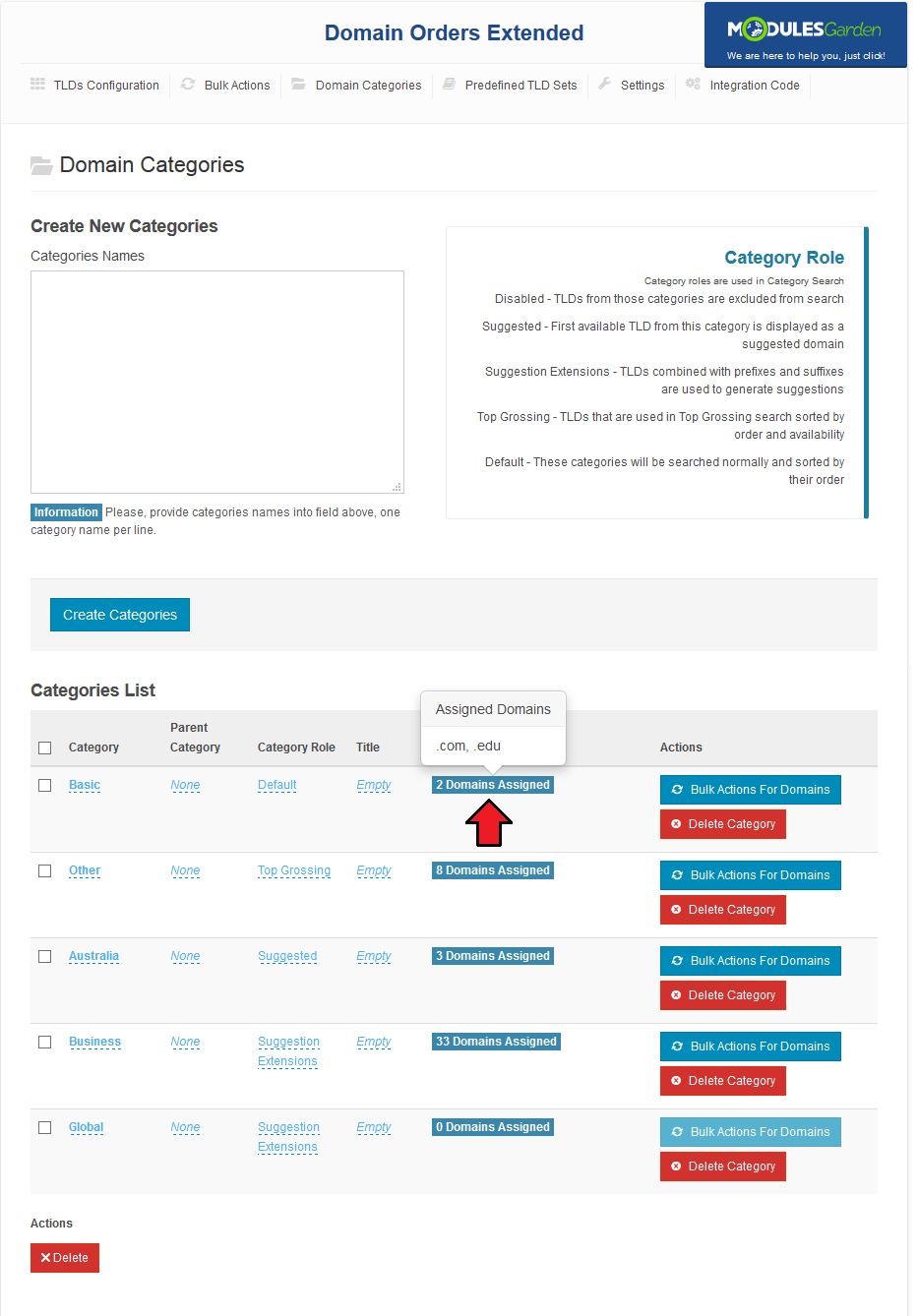 Domain Orders Extended 2.X For WHMCS: Domain Categories list with a tooltip of assigned TLDs over the Domains column