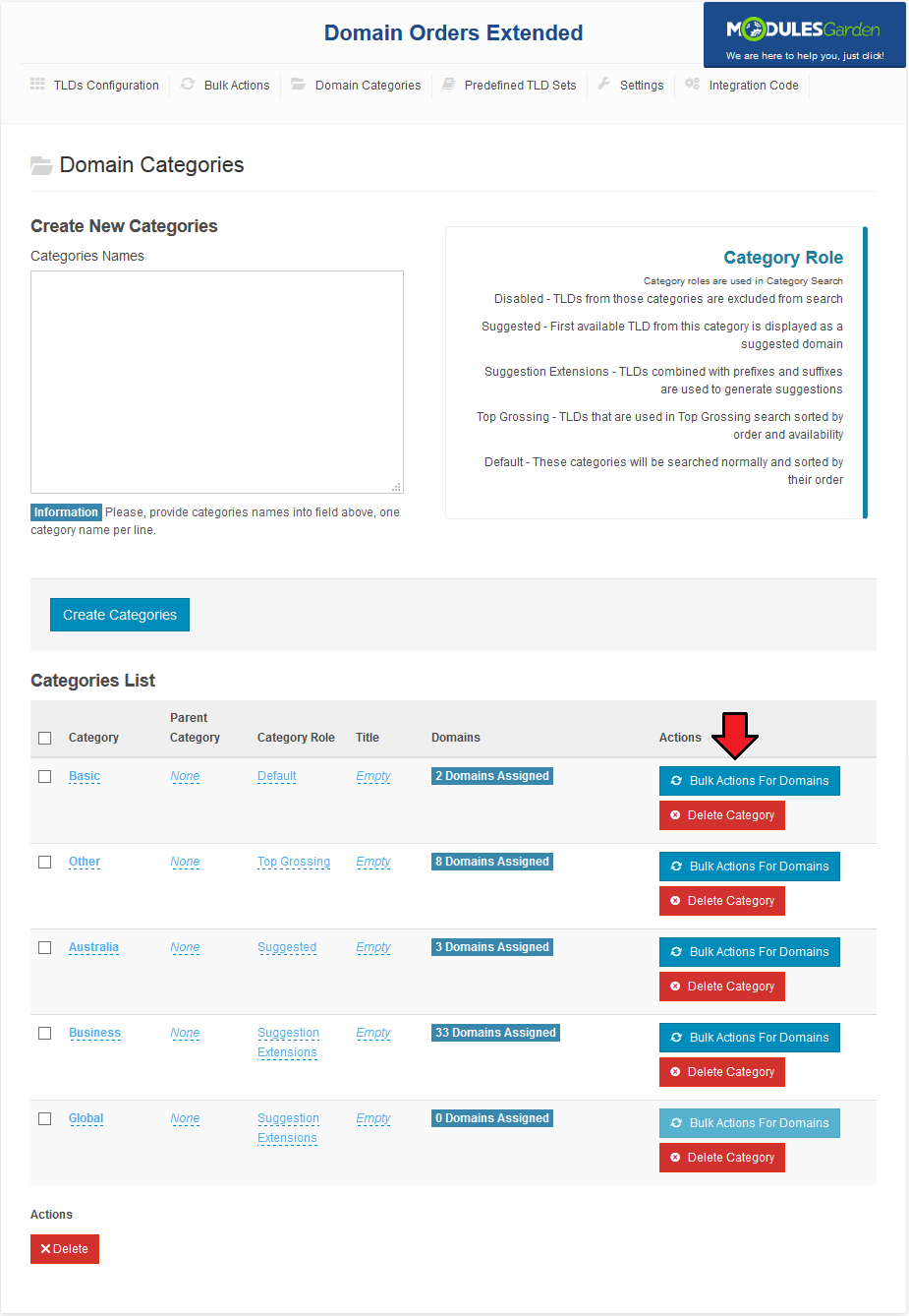 Domain Orders Extended 2.X For WHMCS: Domain Categories list with the Bulk Actions For Domains button marked