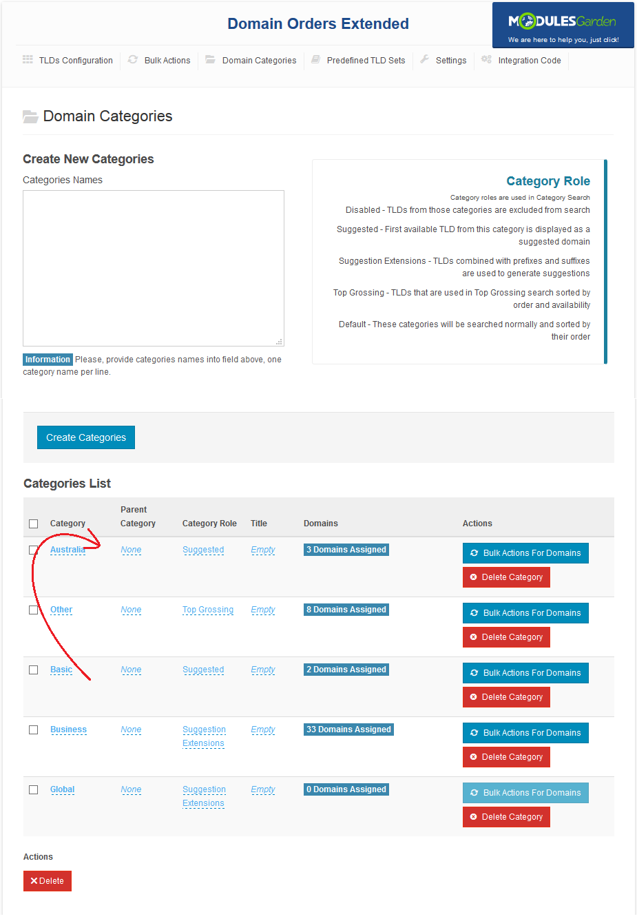 Domain Orders Extended 2.X For WHMCS: Domain Categories list with an arrow showing a category dragged to a new position
