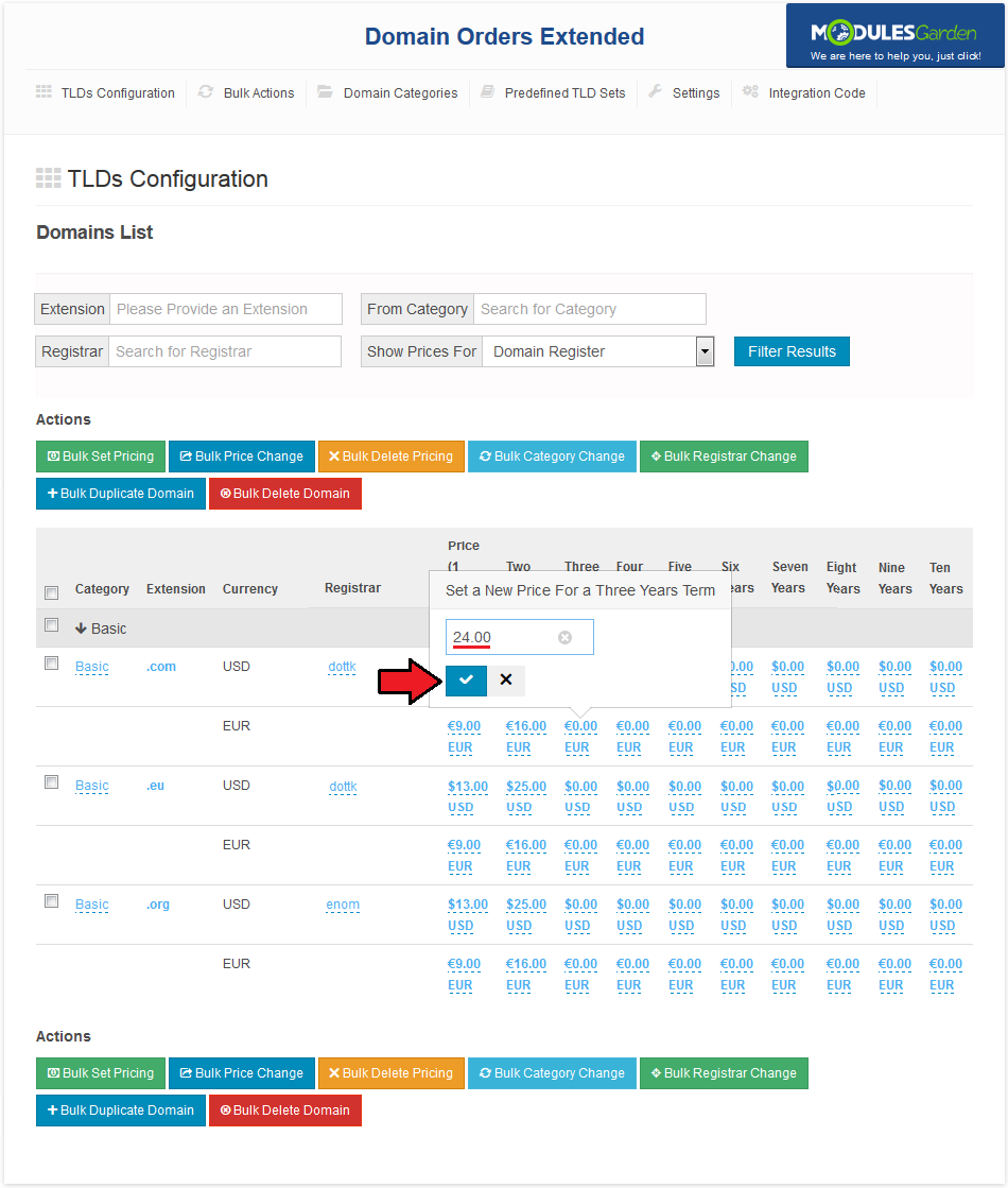 Domain Orders Extended 2.X For WHMCS: TLDs Configuration with a popup to set a three years price of 24.00