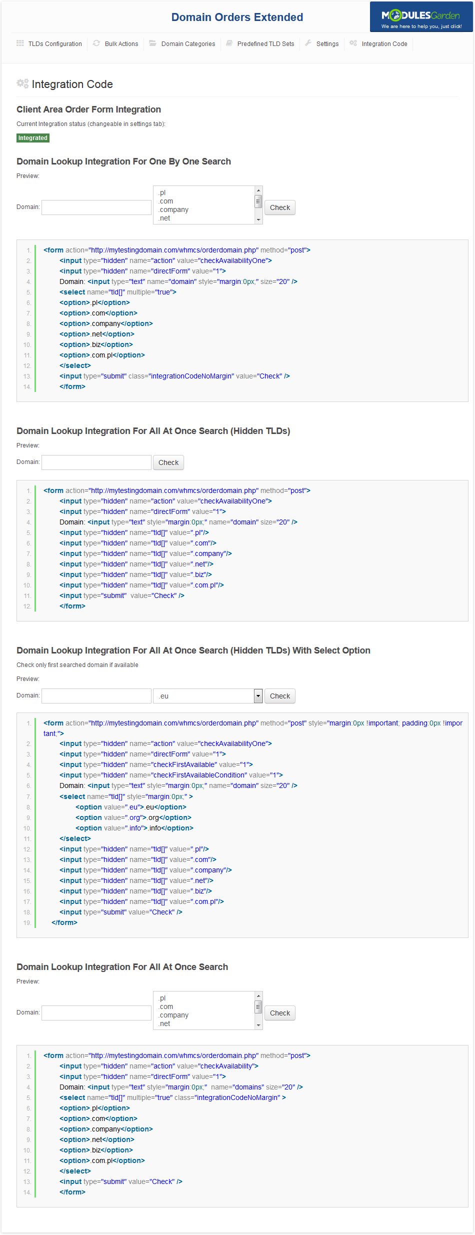Domain Orders Extended 2.X For WHMCS: Integration Code tab with Integrated status and HTML code of lookup forms