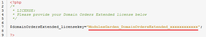 Domain Orders Extended 2.X For WHMCS: license.php in an editor with the license key in quotation marks