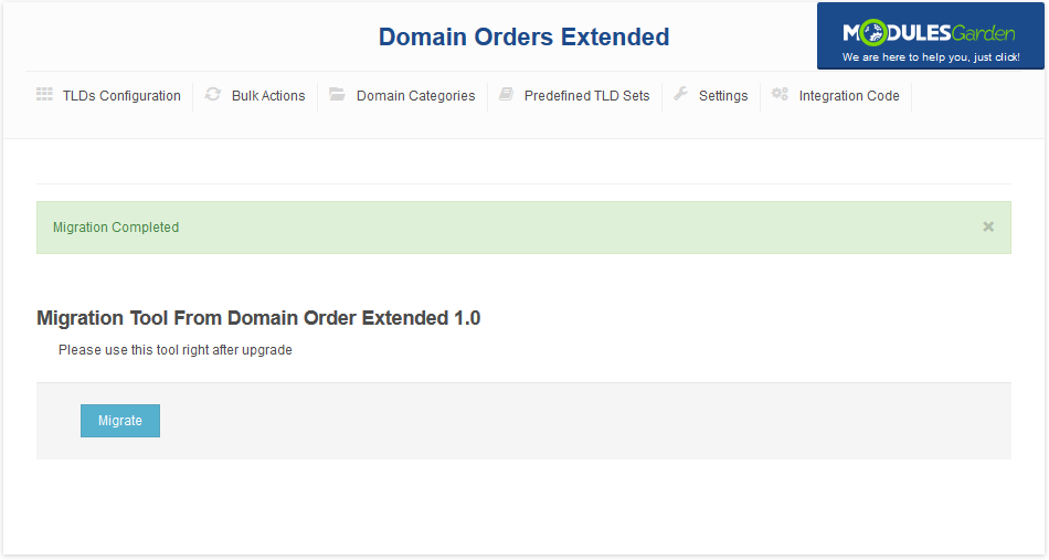 Domain Orders Extended 2.X For WHMCS: Migration Completed message and the menu without Migration Tool