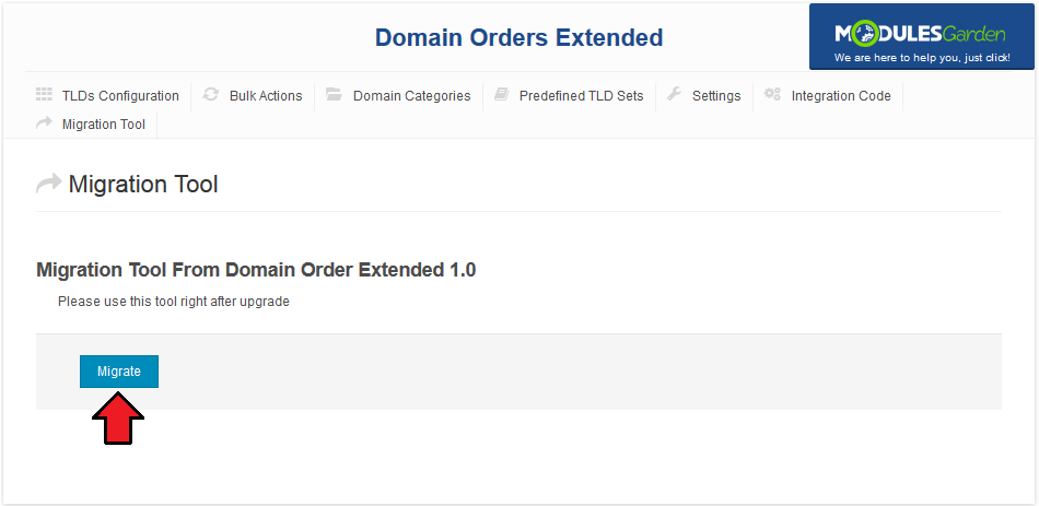 Domain Orders Extended 2.X For WHMCS: Migration Tool tab with the Migrate button