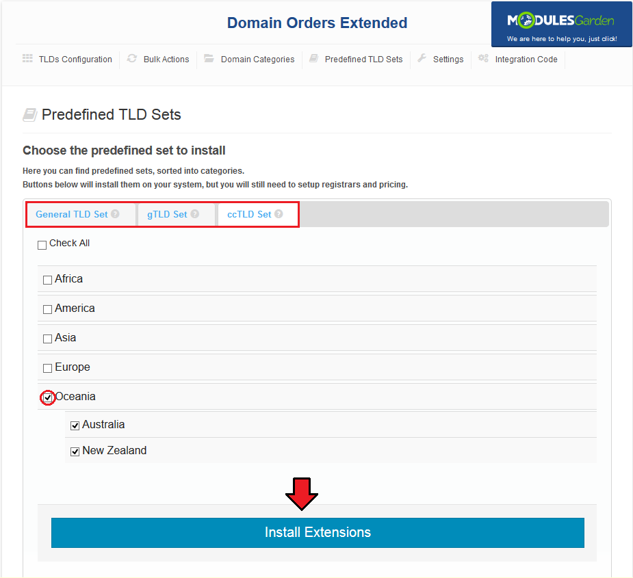 Domain Orders Extended 2.X For WHMCS: Predefined TLD Sets, ccTLD tab, with a category checked and Install Extensions