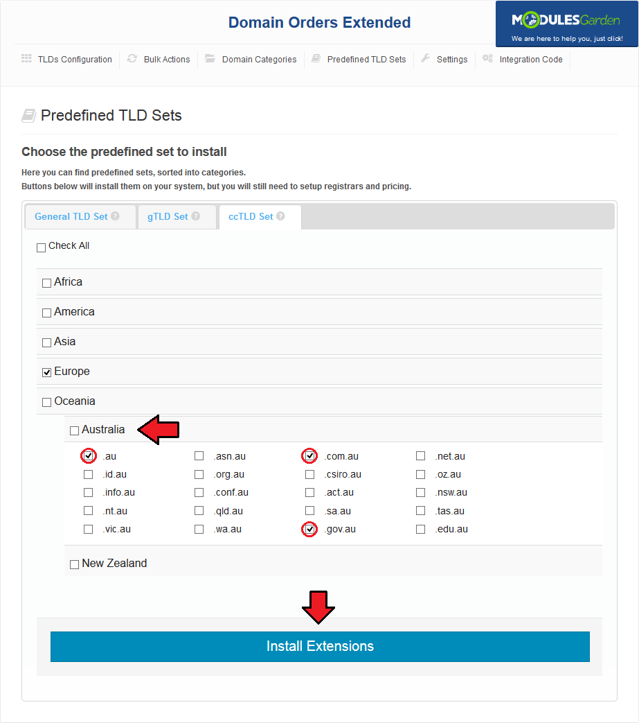 Domain Orders Extended 2.X For WHMCS: Predefined TLD Sets with single TLDs of Australia selected for install