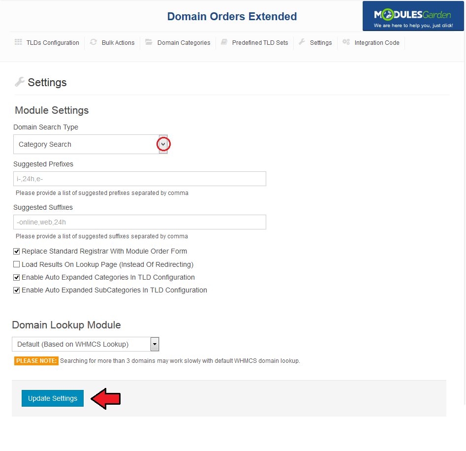 Domain Orders Extended 2.X For WHMCS: Module Settings in Category Search mode with suggested prefixes and suffixes