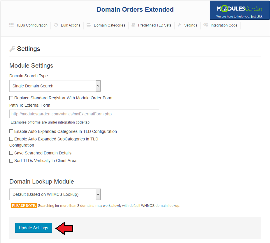 Domain Orders Extended 2.X For WHMCS: Settings tab with Domain Lookup Module set to Default and Update Settings