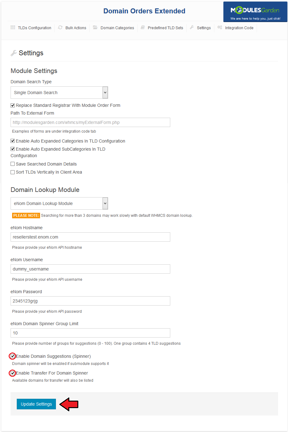 Domain Orders Extended 2.X For WHMCS: Settings with Enable Domain Suggestions and Enable Transfer For Domain Spinner