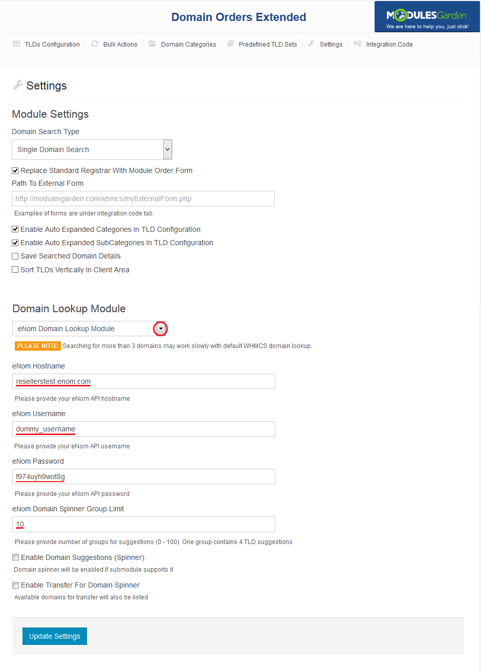 Domain Orders Extended 2.X For WHMCS: Settings with the eNom Domain Lookup Module and its API connection fields